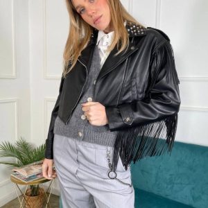 KERSO - Chiodo Ecopelle Frange - NERO