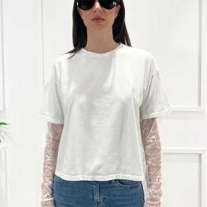 susy mix - maglia maniche pizzo - panna