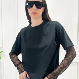 susy mix - maglia maniche pizzo - nero