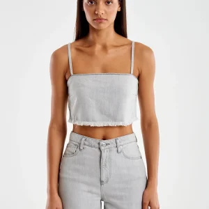 top in denim sfrangiato