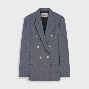 blazer doppiopetto in lino effetto denim
