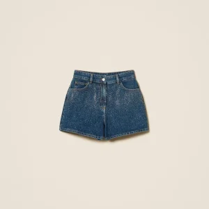 shorts in denim con strass