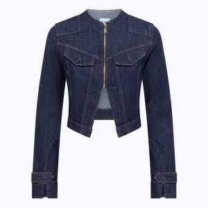 giacca in denim con spilla